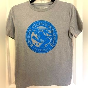 Boys L Underarmour Heat Gear baseball themed tee